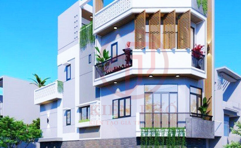 Mẫu thiết kế nhà phố 1 trệt 2 lầu tum sân thượng nhà vát góc nhà anh Sơn ở Quận Tân Bình